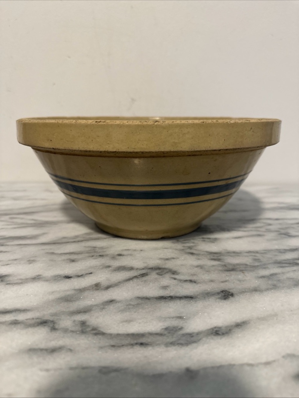 Antique yellow ware Stoneware Mixing Bowl with Blue Band